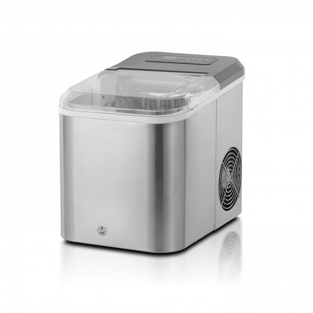 Al Saif electric ice maker with viewing window, 1.6 liter capacity, 130 watt power, silver color, compact design for quick and easy ice production.