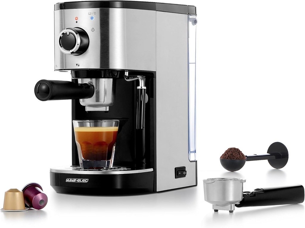 Al Saif Espresso Coffee Maker / Espresso, Cappuccino, Latte with Milk, Coffee Capsule Machine with Milk Foam Function / 1.2L capacity, 1470W power / Color: Black