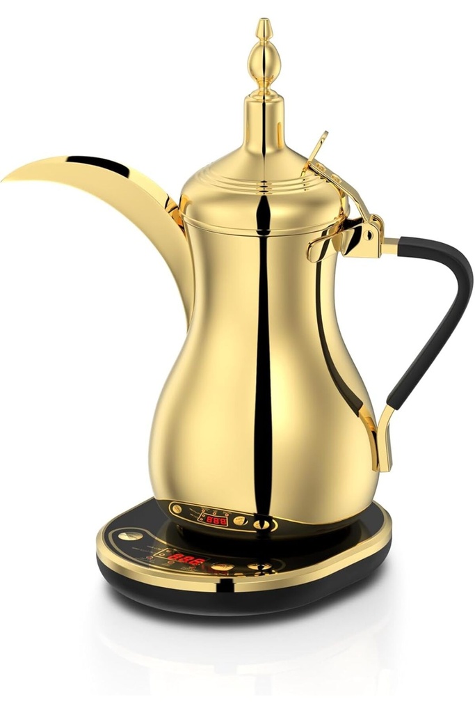 دلة السيف الكهربائية بلون ذهبي أنيق، سعة 1 لتر، بقدرة 900 واط، مثالية لتحضير القهوة العربية بسرعة وجودة عالية.