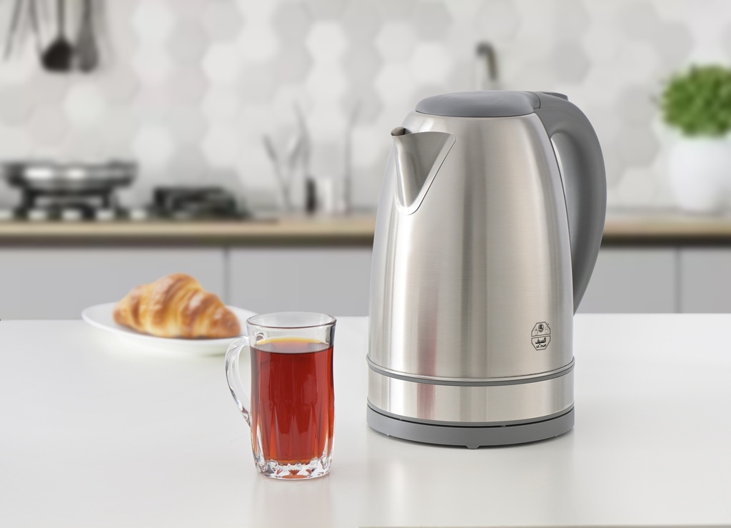 Vera stainless steel kettle, capacity 2.5 liters, power 2200 watts, equipped with a gray handle for easy carrying and use.