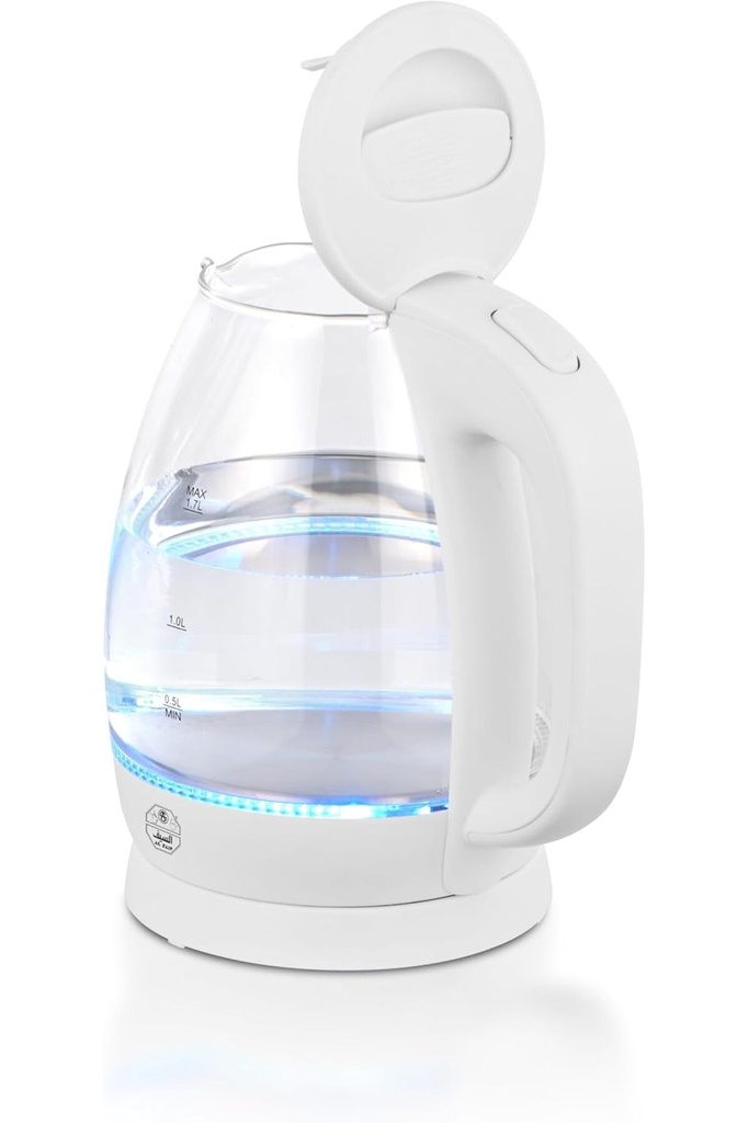 Kaden glass kettle, capacity 1.7 liters, power 2200 watts, white color with internal blue lighting that adds an aesthetic and practical touch