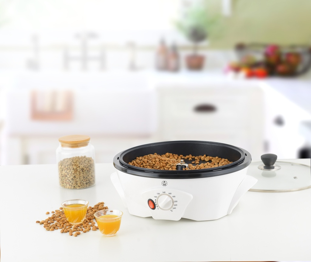 400g coffee roaster, 1200W capacity, white color, reliable performance and high roasting quality.