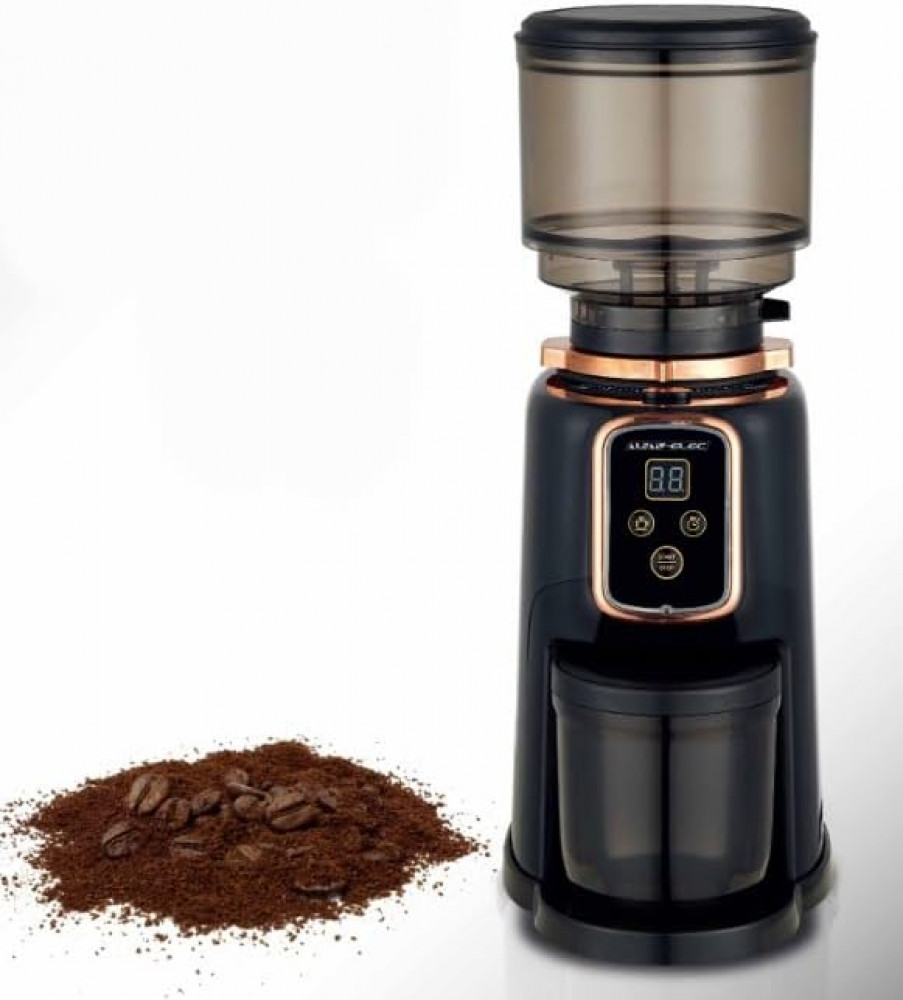 Al Saif Electric Coffee Grinder / for grinding coffee, cardamom, nuts, spices, digital control panel, built-in timer with quantity scale / capacity 350 grams, power 300 watts / color: black/rose gold
