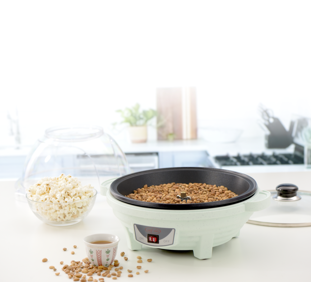 محمصة قهوة كهربائية من السيف / دوران وتحريك تلقائي / غطاء شفاف + غطاء زجاج / سعة 750 غرام / 940 واط / اللون: أخضر