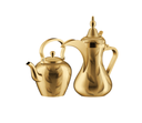 2 Dallah stirring and jug sets from Saif Dallah for preparing Arabic coffee, and a practical glass for tea bags, durable pieces of daily use and hospitality items in golden color