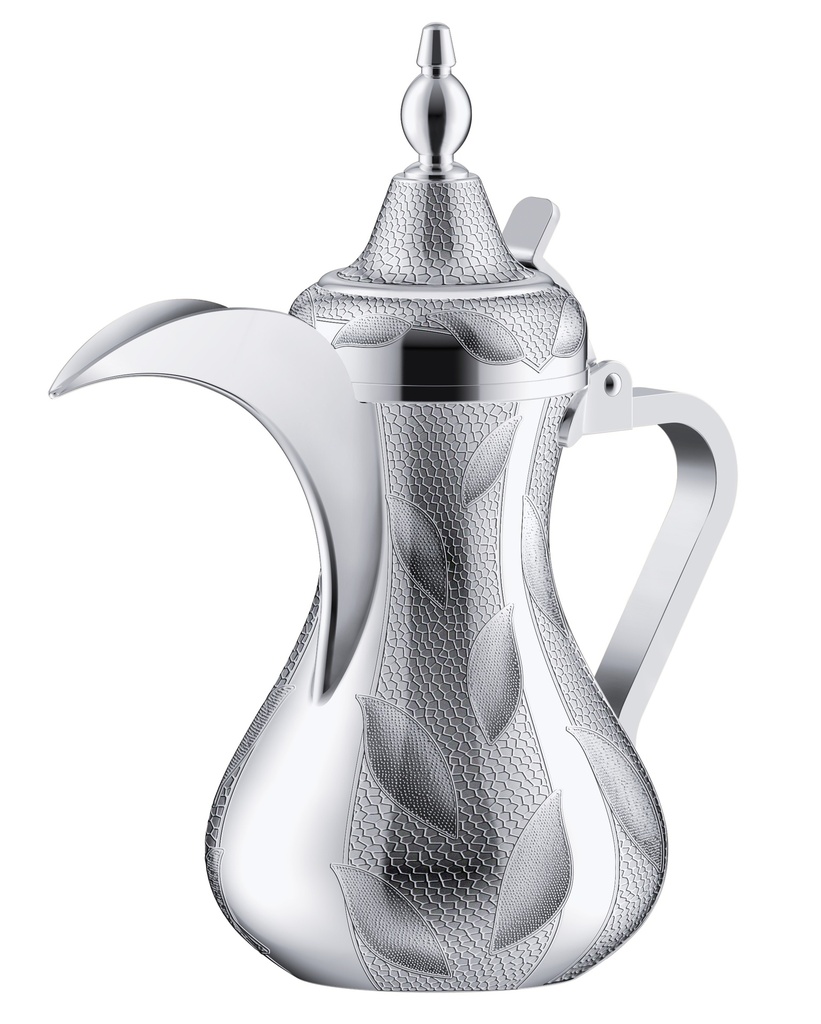 Dallah from Al Saif, size 40 ounces, with an elegant traditional design, ideal for preparing and serving Arabic coffee, chrome colour