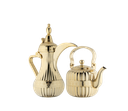 2 Dallah stirring and jug sets from Saif Dallah for preparing Arabic coffee, and a practical glass for tea bags, durable pieces of daily use and hospitality items in golden color