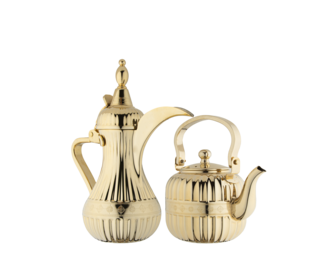 2 Dallah stirring and jug sets from Saif Dallah for preparing Arabic coffee, and a practical glass for tea bags, durable pieces of daily use and hospitality items in golden color