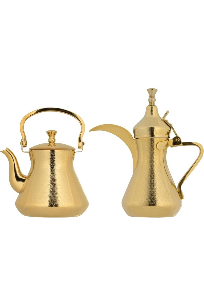 2 Dallah stirring and jug sets from Saif Dallah for preparing Arabic coffee, and a practical glass for tea bags, durable pieces of daily use and hospitality items in golden color