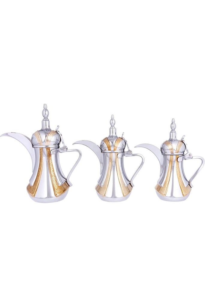 3 Dalal sets from Al Saif, with an elegant traditional design, ideal for preparing and serving Arabic coffee. Color: gilded chrome.