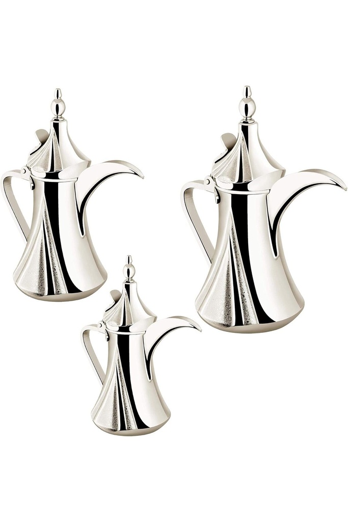 3 Dalal sets from Al Saif, with an elegant traditional design, ideal for preparing and serving Arabic coffee. The color is nickel