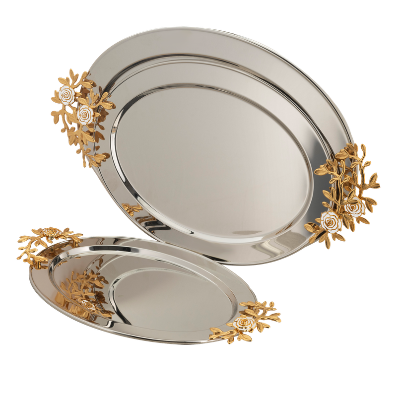 Al Saif oval tofiriya set - 3 pieces / Classic design in golden nickel color / Ideal for serving coffee, sweets and hospitality in a practical and elegant style / Suitable for daily use and special occasions