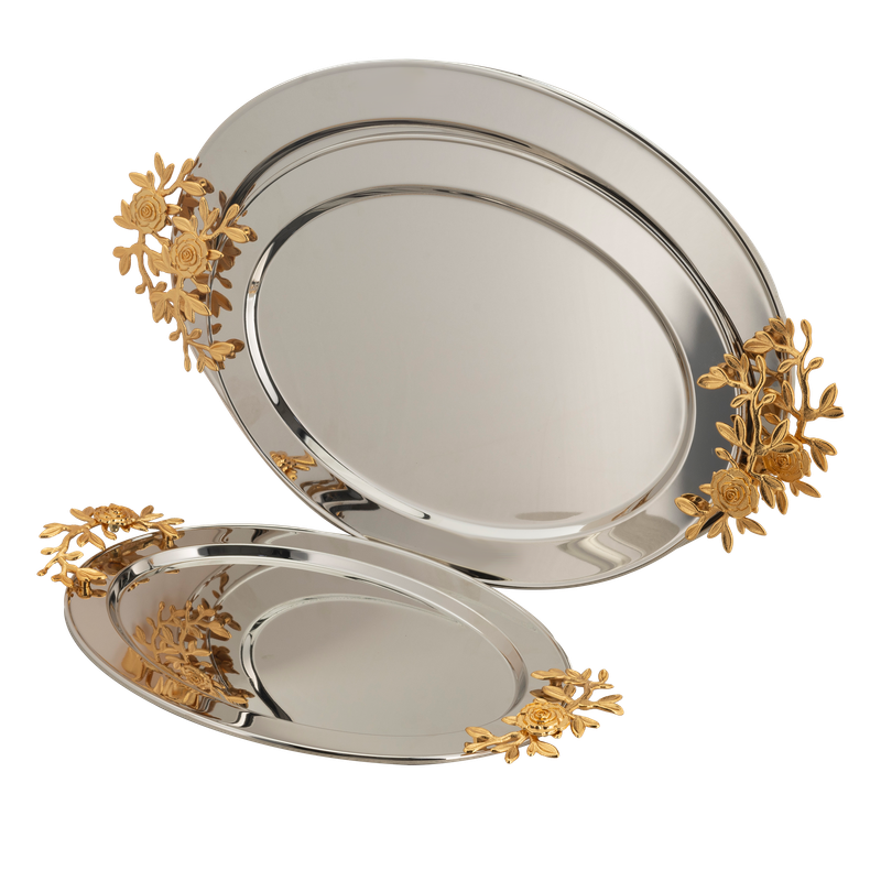 Al Saif oval tofiriya set - 3 pieces / Classic design in golden nickel color / Ideal for serving coffee, sweets and hospitality in a practical and elegant style / Suitable for daily use and special occasions