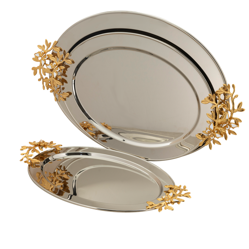 Al Saif oval tofiriya set - 3 pieces / Classic design in golden nickel color / Ideal for serving coffee, sweets and hospitality in a practical and elegant style / Suitable for daily use and special occasions