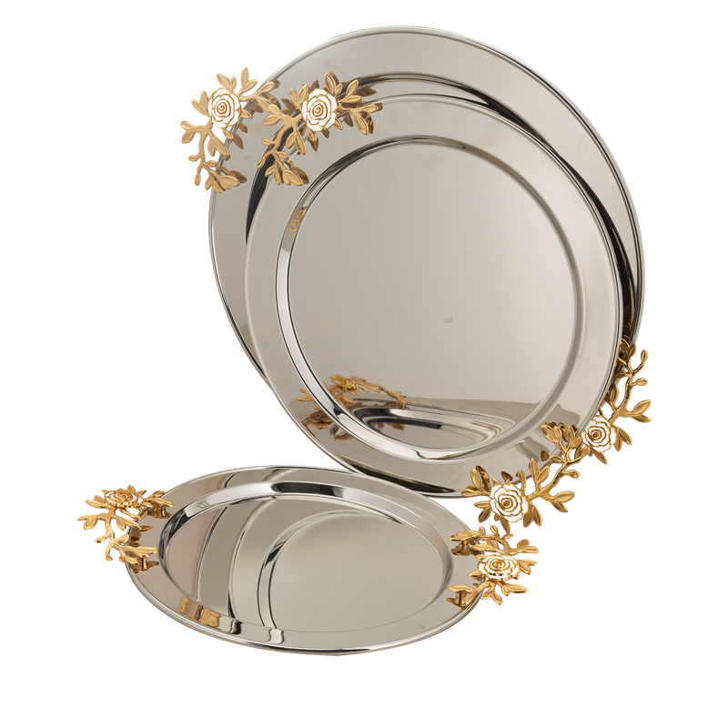 Round tofir set from Al Saif - 3 pieces / Classic design in golden nickel color / Ideal for serving coffee, sweets and hospitality in a practical and elegant style / Suitable for daily use and special occasions