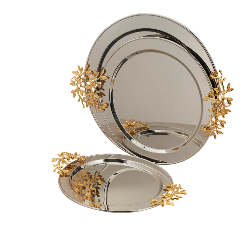 طقم طوفرية دائري من السيف – 3 قطع / تصميم كلاسيكي بلون نيكل ذهبي / مثالي لتقديم القهوة والحلويات والضيافة بأسلوب عملي وراقي / مناسب للاستخدام اليومي والمناسبات الخاصة