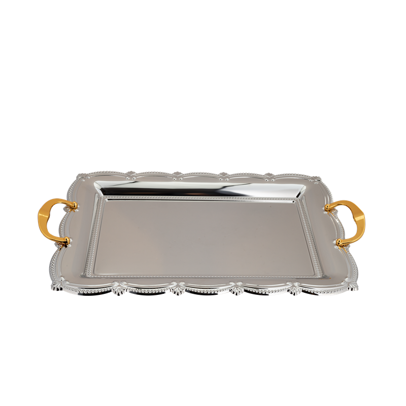 Al Saif rectangular tofir set - 3 pieces / Classic design in golden nickel color / Ideal for serving coffee, sweets and hospitality in a practical and sophisticated style / Suitable for daily use and special occasions