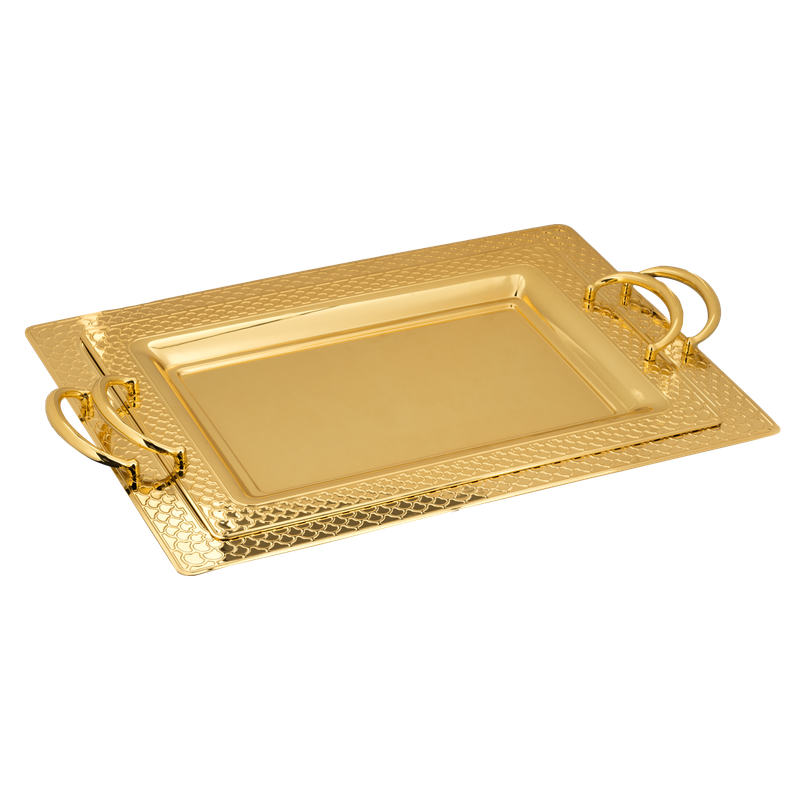 A rectangular tofir set from Al Saif - 2 pieces / Elegant circular design in an attractive golden color / Ideal for serving coffee and hospitality in an elegant way / High-quality materials add a luxurious touch to events and gatherings