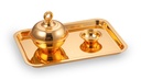 A distinctive hospitality set from Al Saif - 3 pieces (serving tray, date tray, and nawa plate) / Elegant design in golden blue color that catches the eye / Ideal for presenting dates and hospitality in a style that combines luxury and refined taste / An ideal addition to your table on special occasions and visits