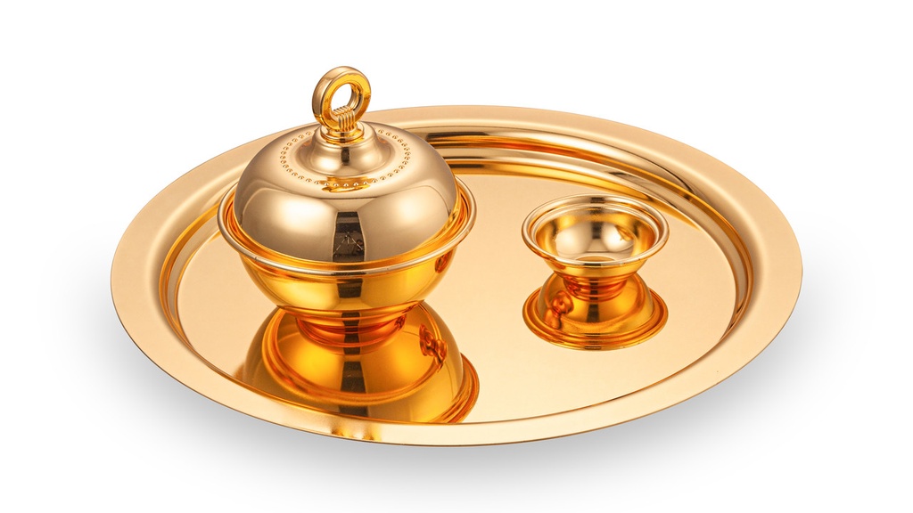 Round tofu set from Al Saif - 3 pieces / Classic design in golden color / Ideal for serving coffee, sweets and hospitality in a practical and elegant style / Suitable for daily use and special occasions