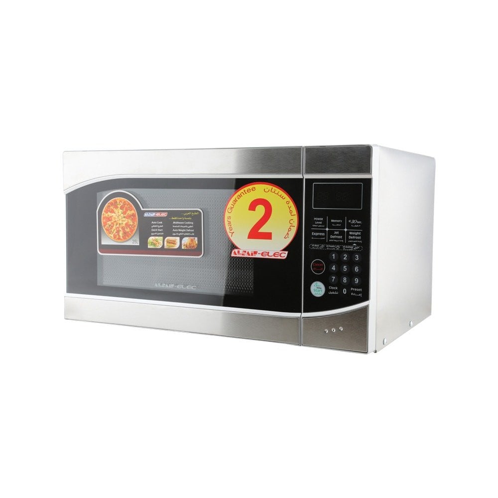 Al Saif Electric Microwave / Auto Weight Cook & Auto Defrost, Control (Arabic-English), 5 Power Levels, 99 Minute Timer with Bell Ring / 25 Liters Capacity / 1400 Watts / Color: Stainless Steel