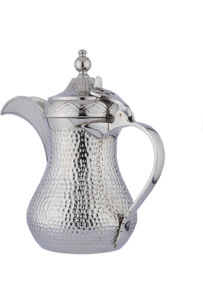Dallah from Al Saif, size 44 ounces, with an elegant traditional design, ideal for preparing and serving Arabic coffee, silver colour