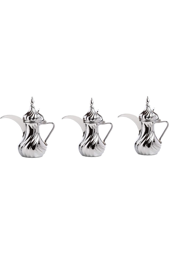 3 Traditionally made Dalal set from Al Saif, new for preparing Arabic coffee, in silver colour