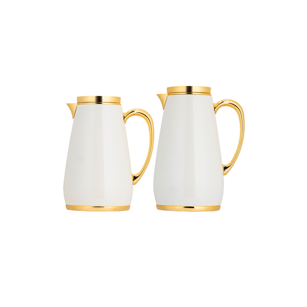 Handa thermos set for coffee and tea, two pieces from Al Saif, capacity 1.0/0.7 liters / Elegant design to suit all tastes / Made to maintain the heat of drinks for long hours - 1.0/0.75 liters - Ivory / Gold