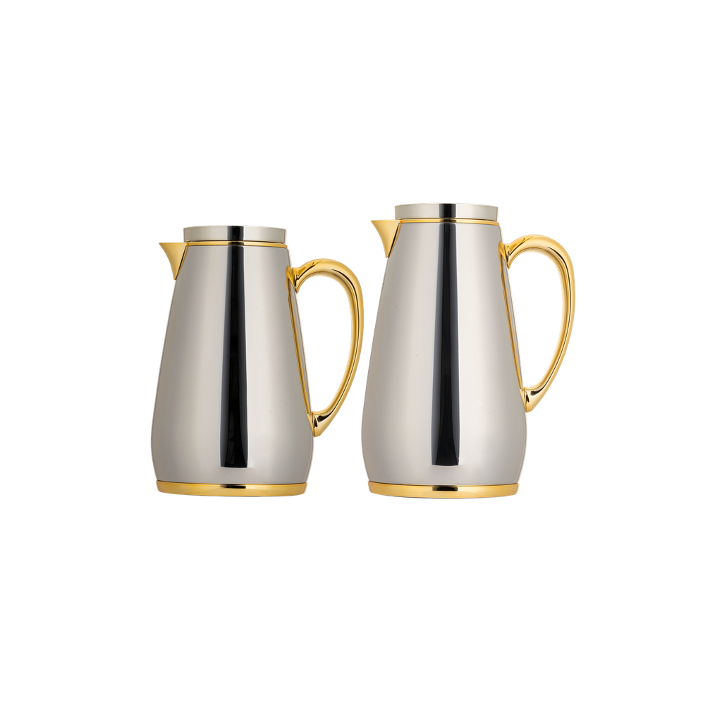 Handa Thermos Set for Coffee and Tea, 2 pieces from Al Saif, capacity 1.0/0.7 liters / Elegant design to suit all tastes / Made to maintain the heat of drinks for long hours - 1.0/0.75 liters - Nickel/Gold